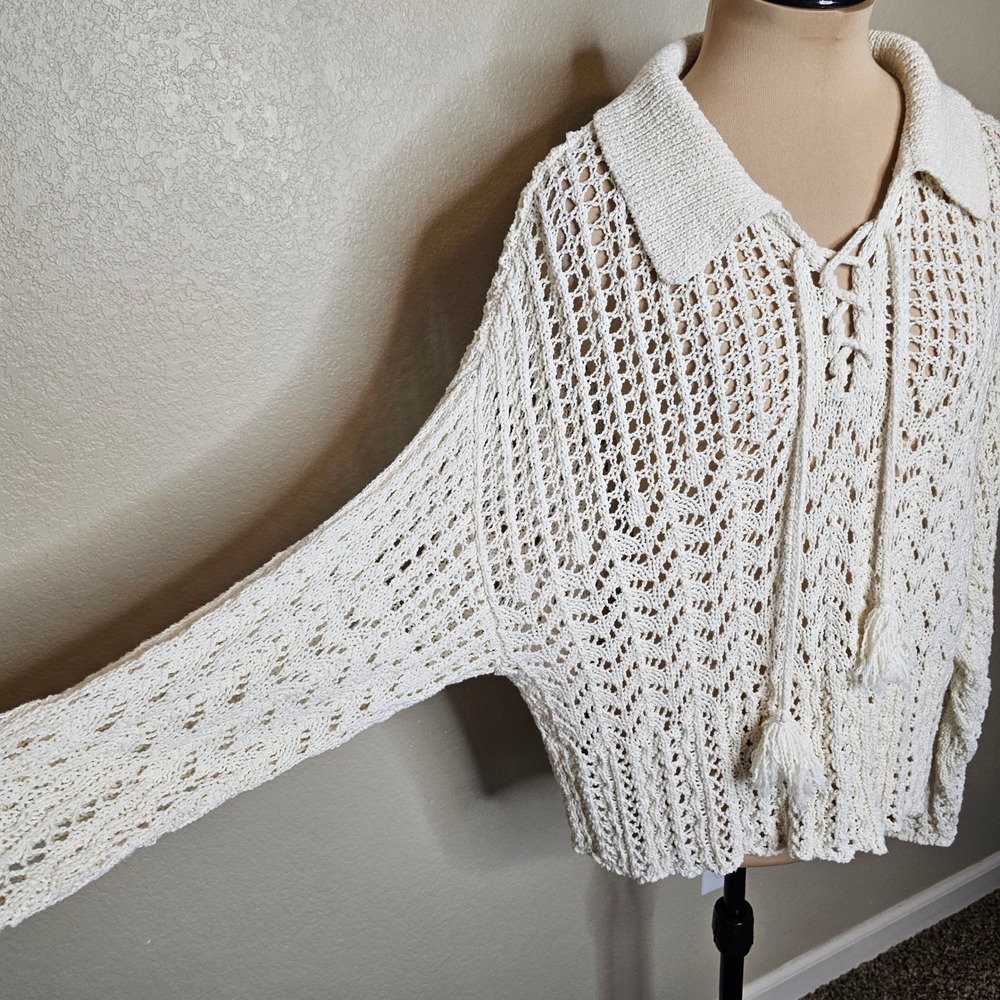 American Eagle Cream Crochet Knit Lace Up Tassel Polo Sweater Medium Ivory Boho - Picture 5 of 10